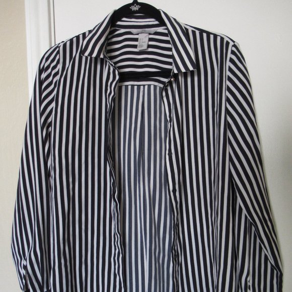H&M Size 2 Women's Blouse, Navy/White Vertical Stripes, preowned. - Picture 1 of 6